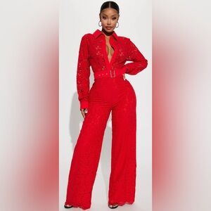 Fashion Nova Perfect Night Lace Jumpsuit - Red